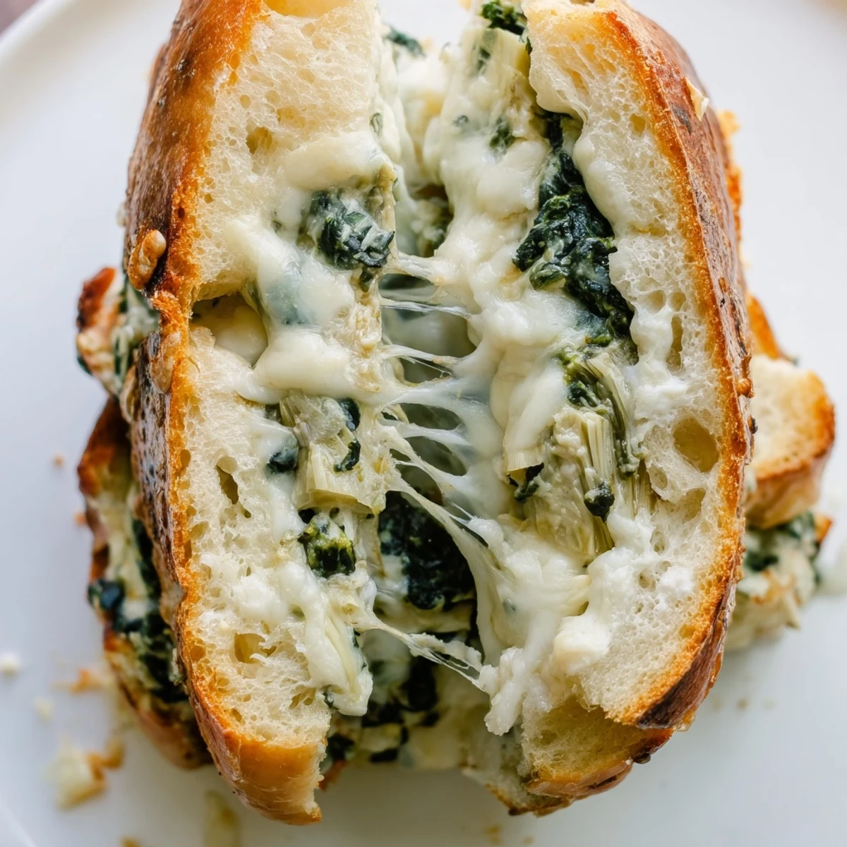 Creamy spinach artichoke grilled cheese with melted mozzarella on buttery, golden sourdough slices for a comforting lunch.