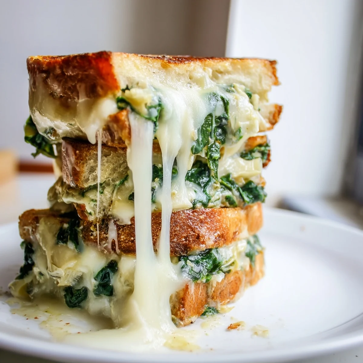 Two golden spinach artichoke grilled cheese sandwiches served hot, oozing cheese, perfect alongside a bowl of tomato soup.