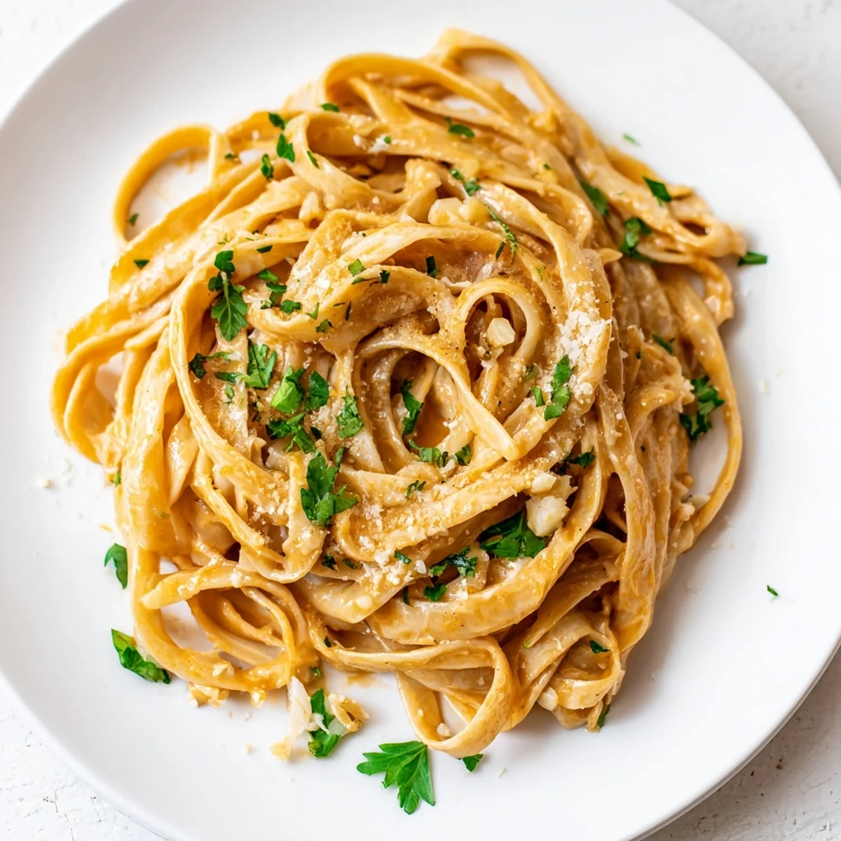 Creamy Sriracha Honey Pasta twirls on a fork, coated in a glossy, golden-orange sauce flecked with fresh parsley and parmesan.