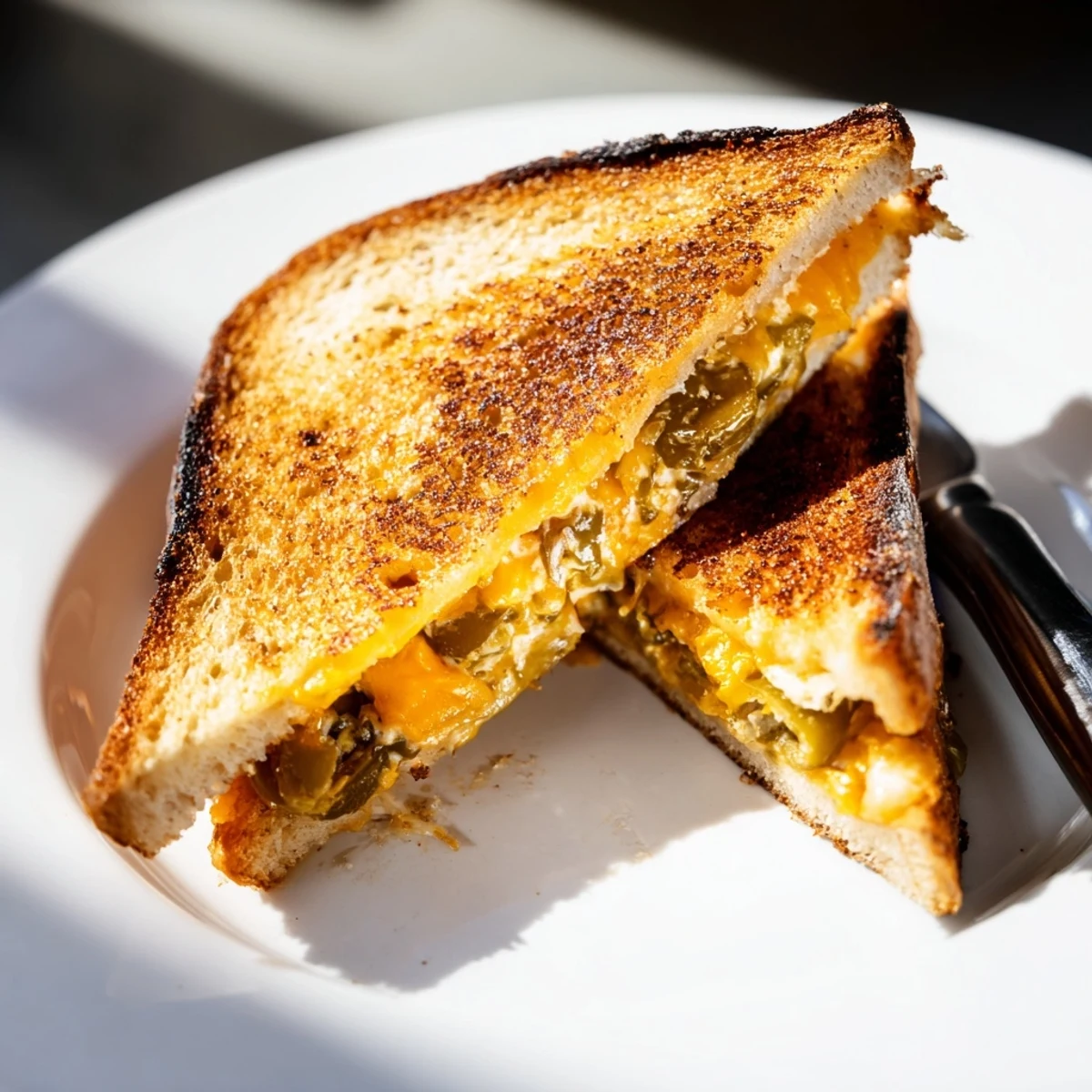 Golden-brown Cheddar Jalapeño Grilled Cheese oozes melted cheese and tangy pickled jalapeños, served warm beside a bowl of creamy tomato soup.