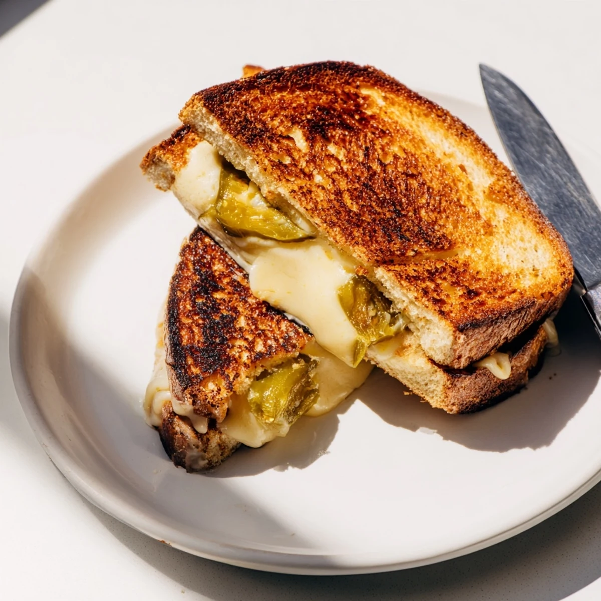 A classic Cheddar Jalapeño Grilled Cheese cut diagonally, revealing gooey cheese and spicy jalapeños, ready to be dipped in tomato soup.