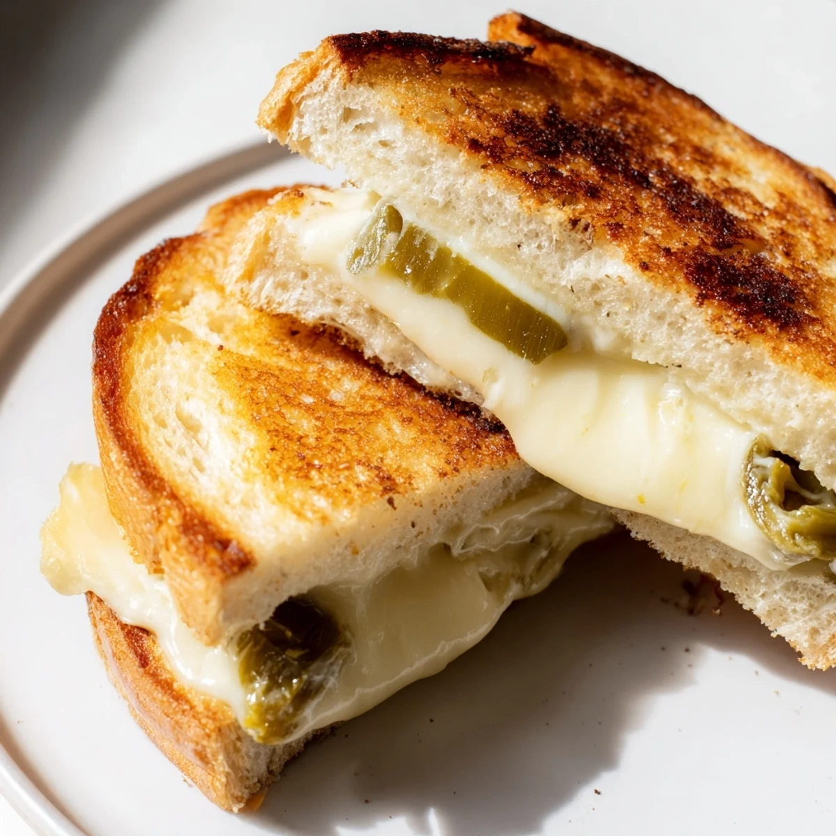A hot skillet creates a crispy crust on this Jalapeño Havarti Grilled Cheese, revealing gooey melted cheese and bright jalapeño slices.