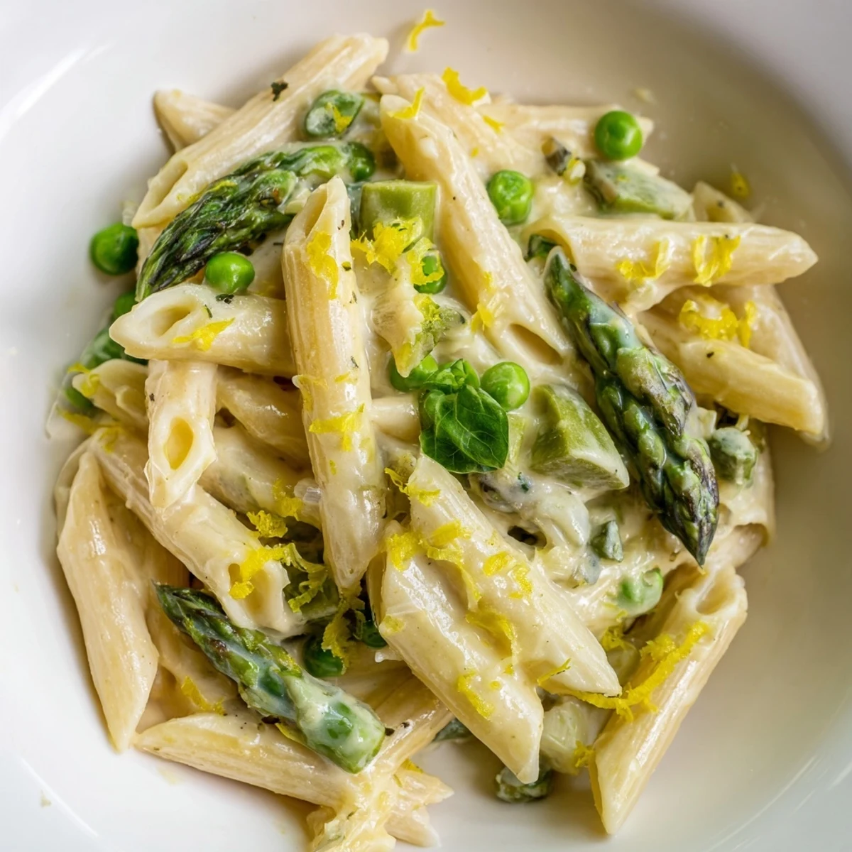 A close-up of vibrant Garlic Parmesan Spring Vegetable Pasta, featuring penne with bright green asparagus, peas, and green beans in a creamy, glossy sauce.