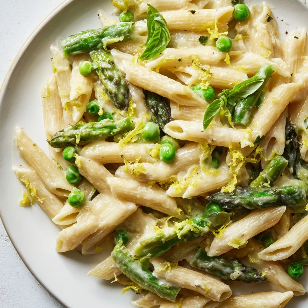 Steaming bowl of Garlic Parmesan Spring Vegetable Pasta, showcasing al dente penne and crisp spring vegetables coated in a rich, cheesy garlic cream sauce.