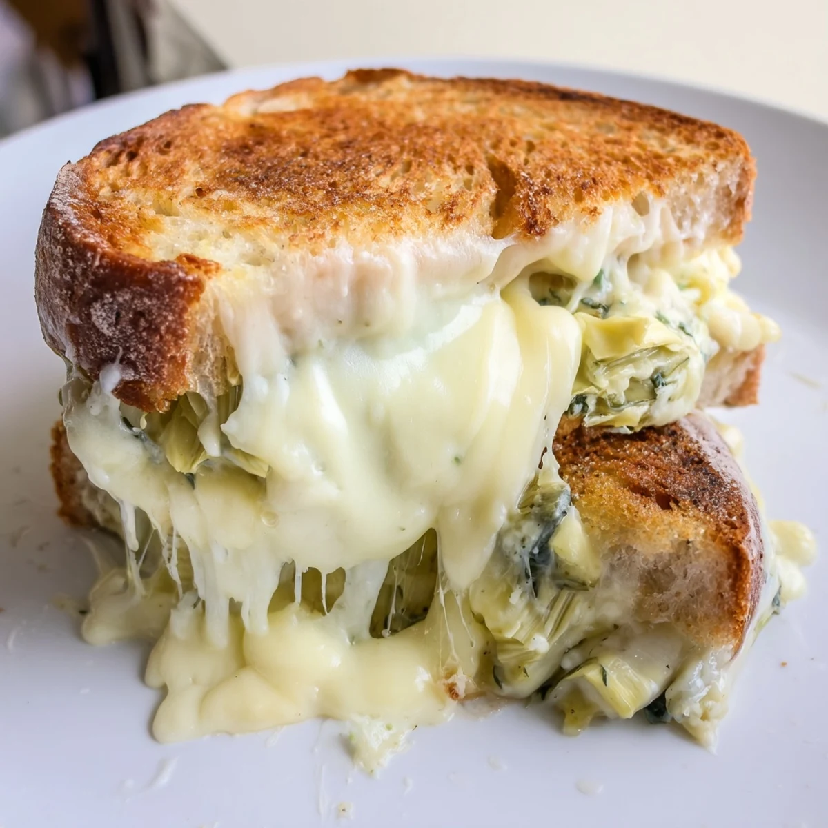 A plate with tomato soup and a halved spinach-artichoke grilled cheese, perfect for a cozy meal.