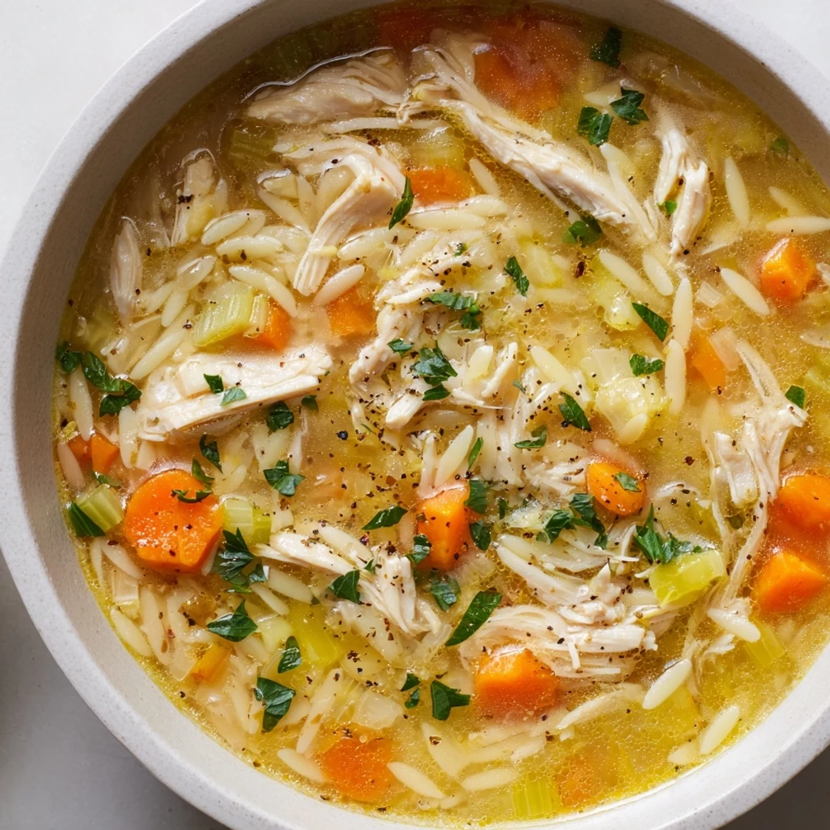 Close-up of Lemon Pepper Chicken Orzo Soup garnished with fresh parsley and black pepper, steaming on a wooden table.