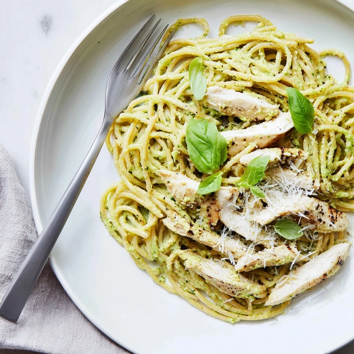 Creamy avocado chicken pasta plated with sliced grilled chicken, fresh basil, and grated Parmesan over silky noodles.