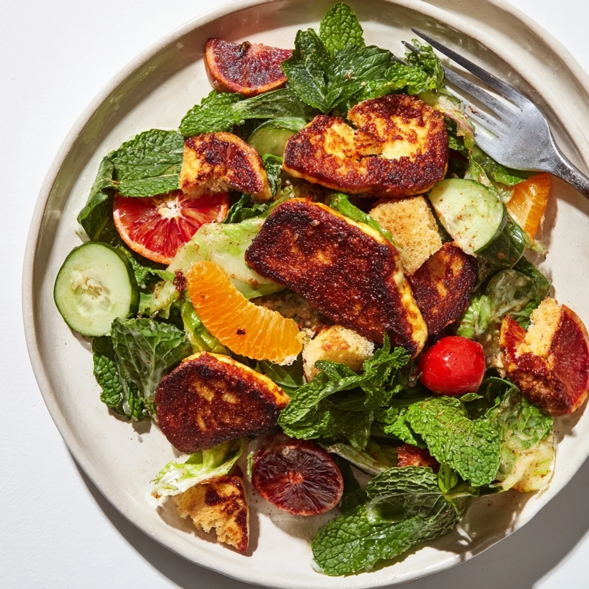 Crispy golden halloumi and juicy blood orange slices rest on a bed of fresh greens, cucumber, and radishes for a vibrant Levantine salad.  