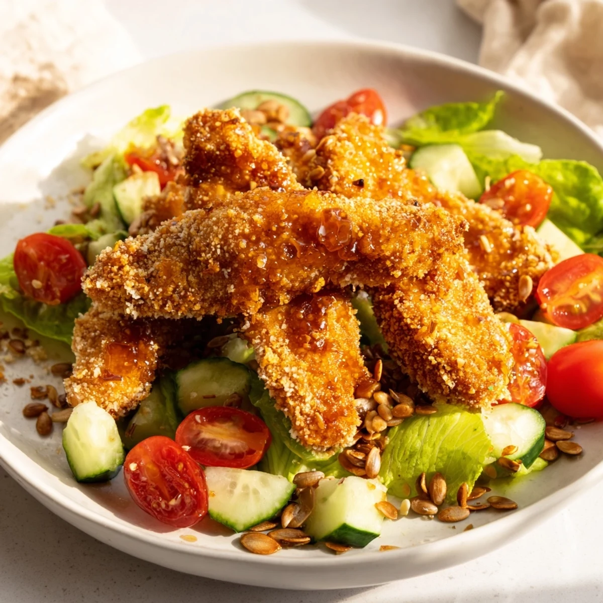 Crispy Hot Honey Chicken Salad features golden, crunchy chicken strips piled on fresh romaine with vibrant tomatoes and cucumbers.