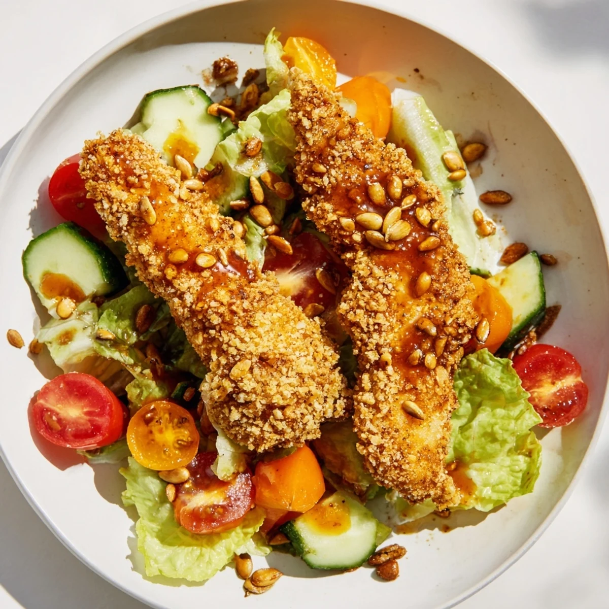 A plated serving of Crispy Hot Honey Chicken Salad garnished with seeds, offering a satisfying texture and bold sweet heat.