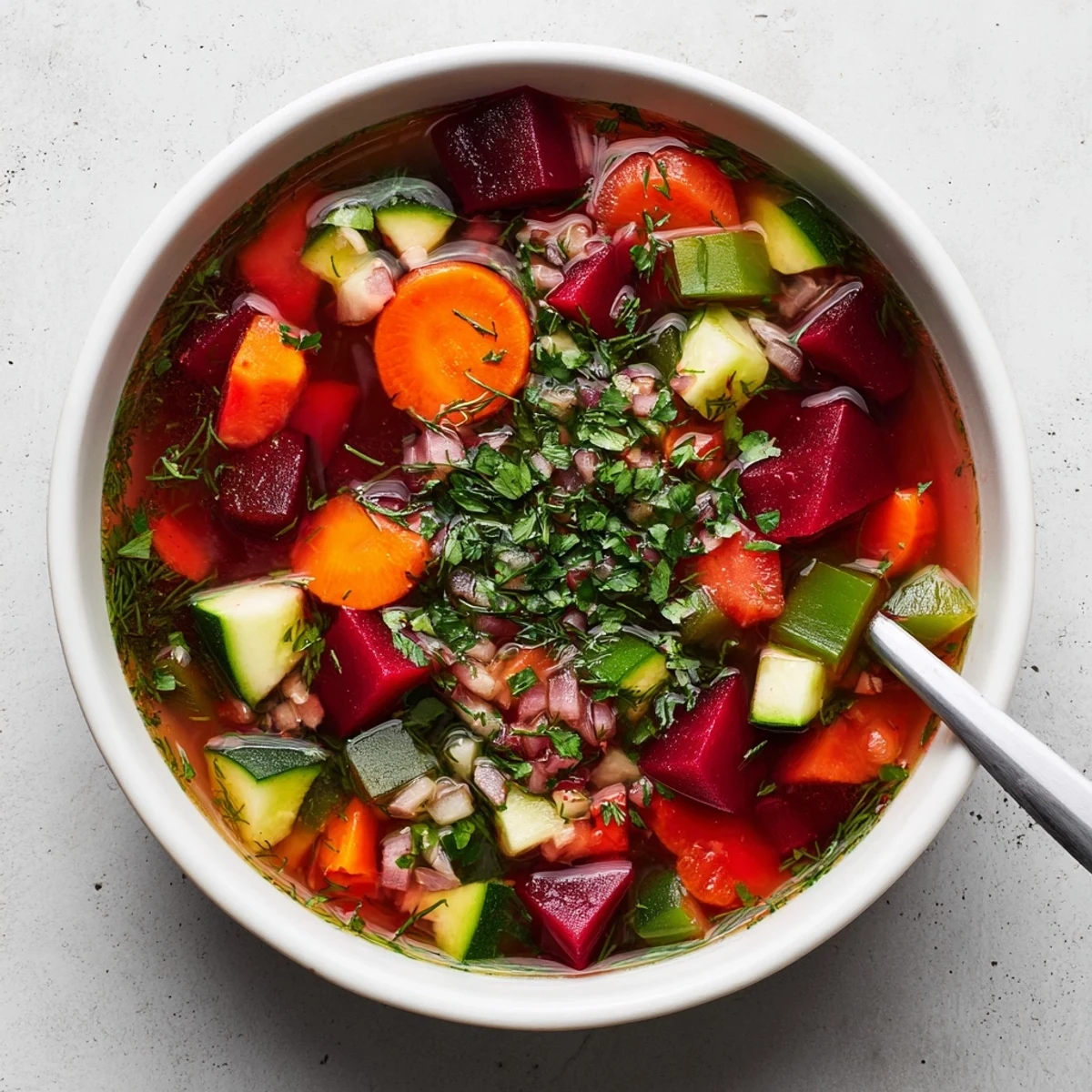 A steaming bowl of Rainbow Vegetable Detox Soup features tender carrots, beets, and zucchini in a rich, herb-infused broth.