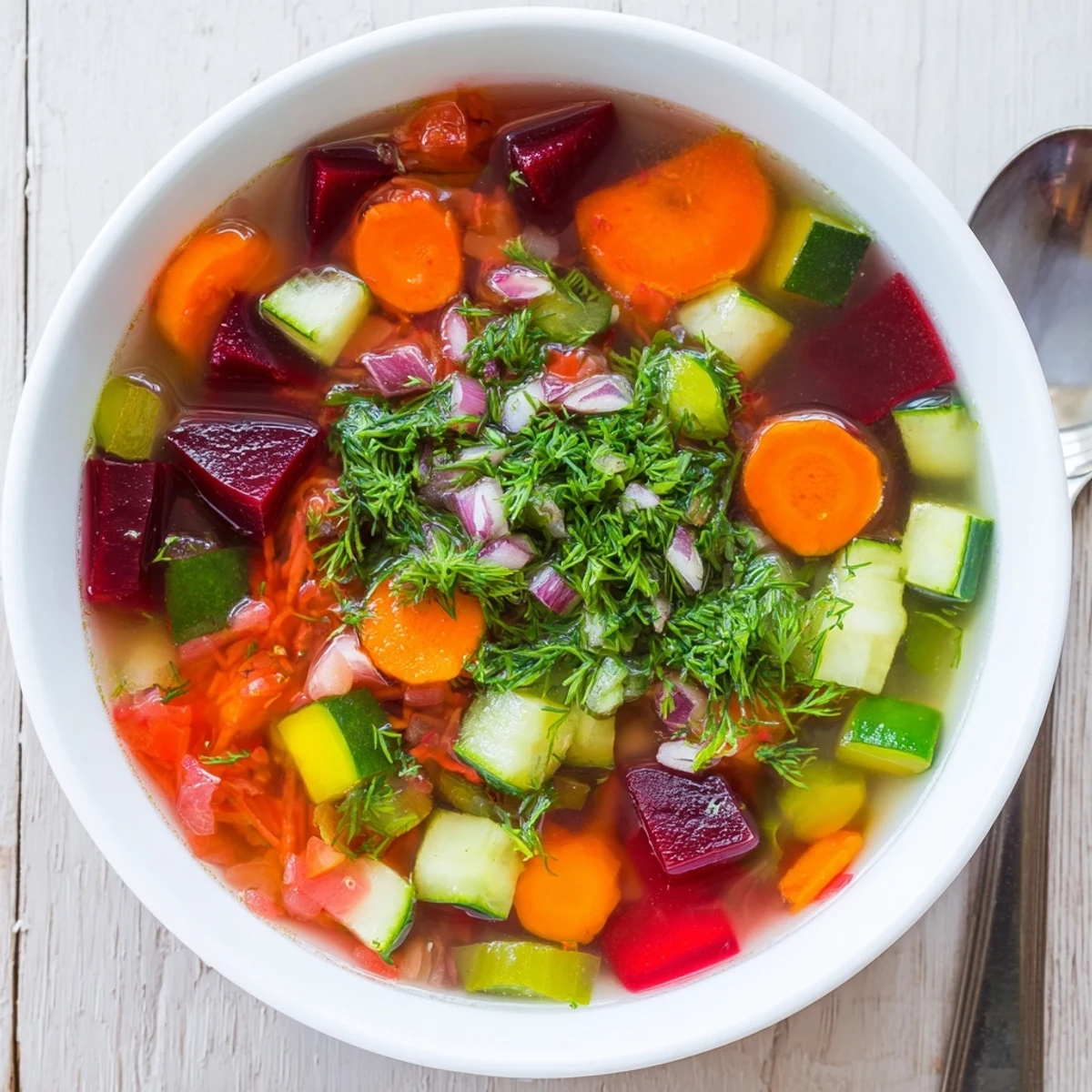 Hearty serving of Rainbow Vegetable Detox Soup with colorful diced vegetables in a clear vegetable broth.