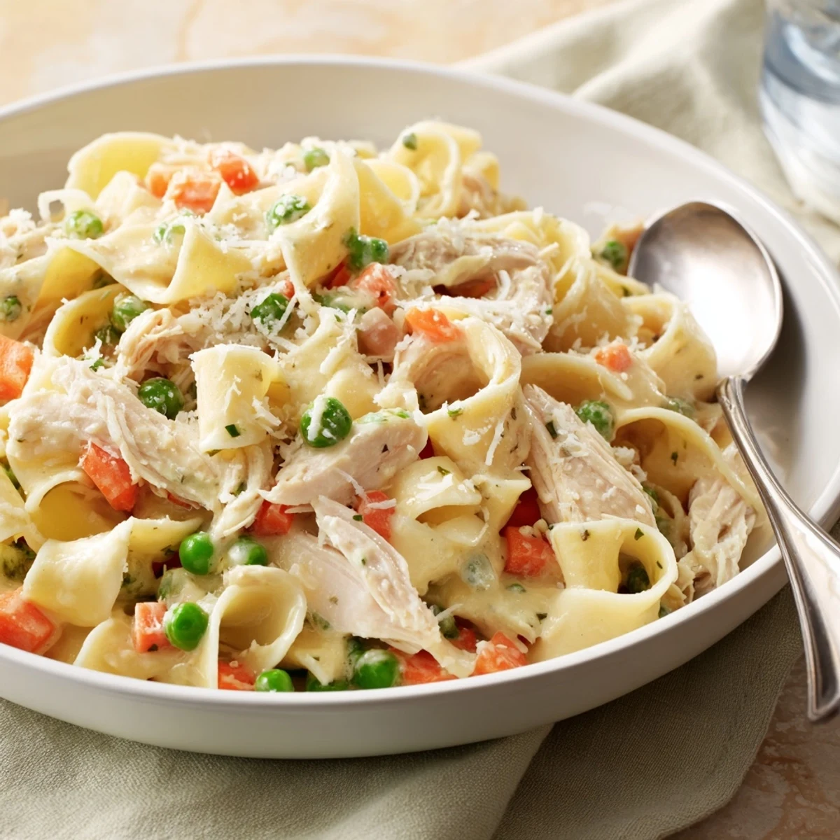 Golden egg noodles coated in a creamy sauce, topped with tender shredded chicken, sweet peas, and carrots in a skillet.  