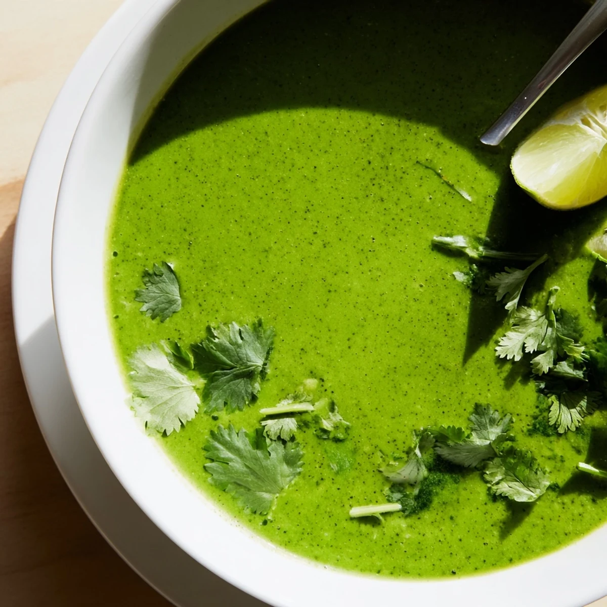 A close-up of vibrant green Spinach Coriander Lemongrass Soup in a white bowl, garnished with fresh cilantro and lime wedges. 
