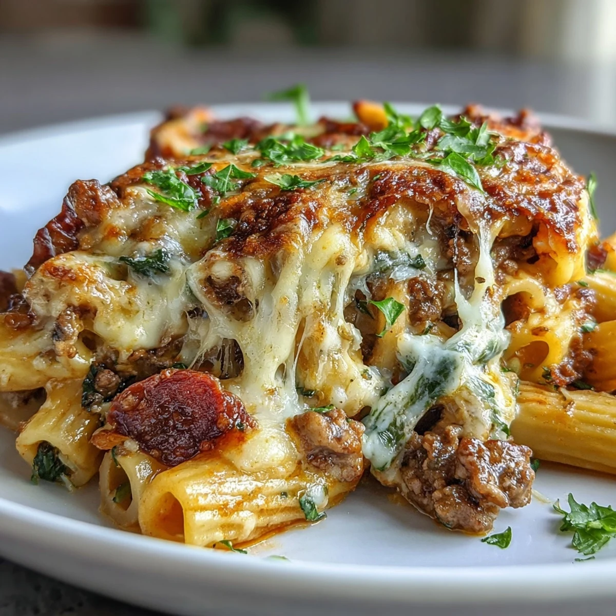 A close-up of High Protein Italian Beef and Pasta Bake with melted mozzarella and Parmesan bubbling over golden, savory beef and vegetable sauce.