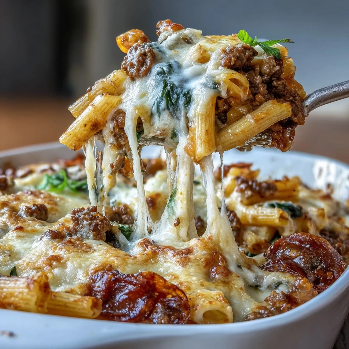 Serving suggestion for High Protein Italian Beef and Pasta Bake in a white casserole dish, garnished with fresh basil and turkey pepperoni.