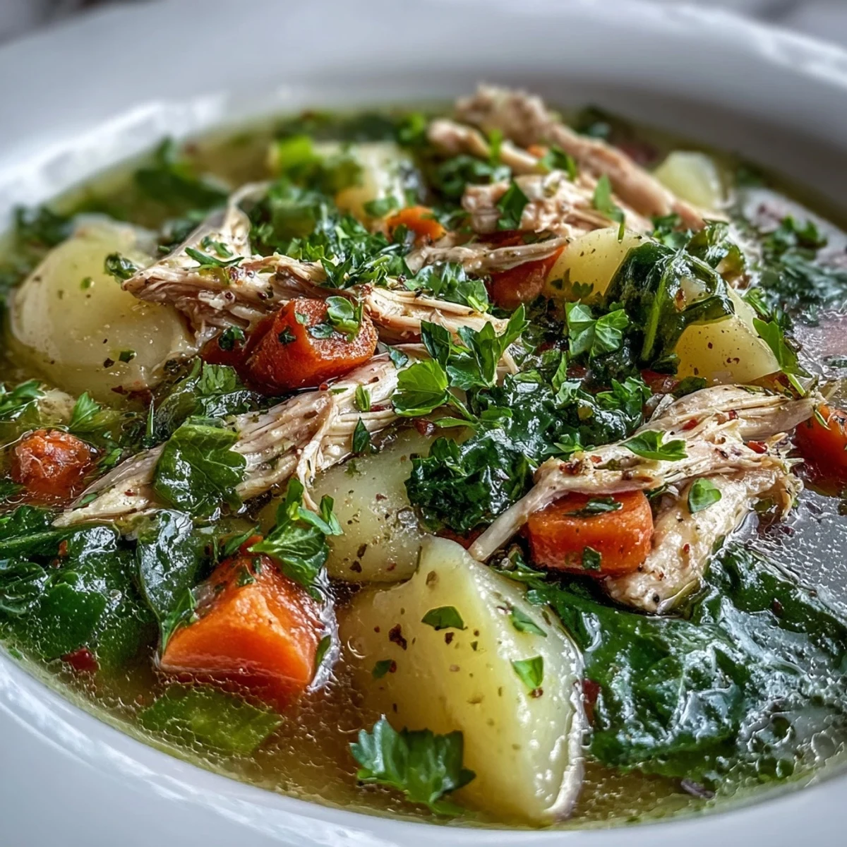 Hearty collard greens chicken soup brimming with tender veggies and savory chicken.