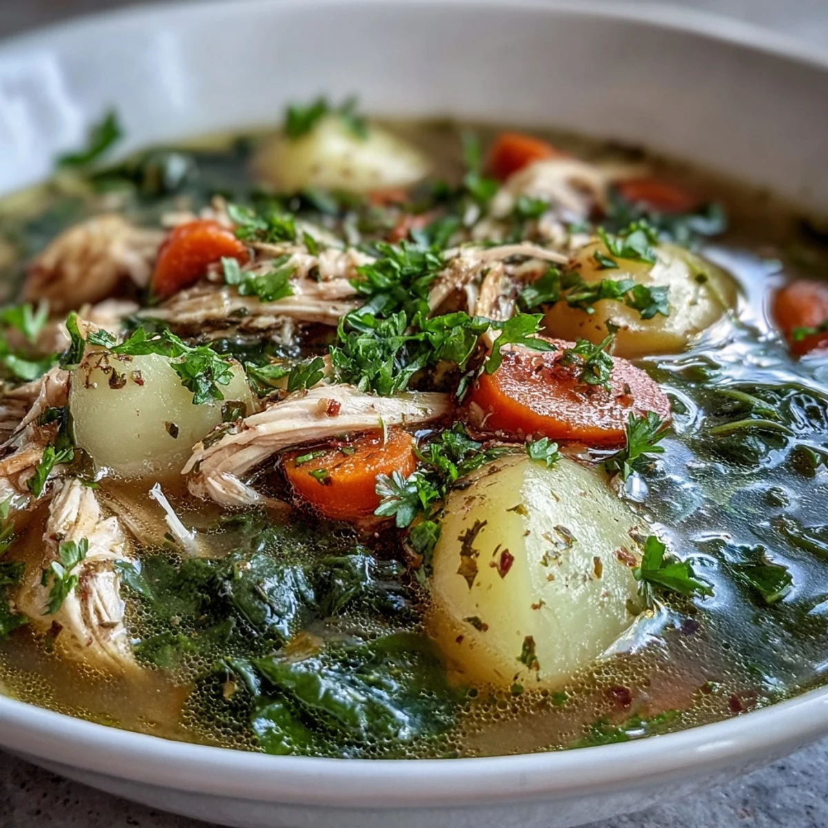 Comforting bowl of collard greens chicken and vegetable soup, perfect for chilly evenings.