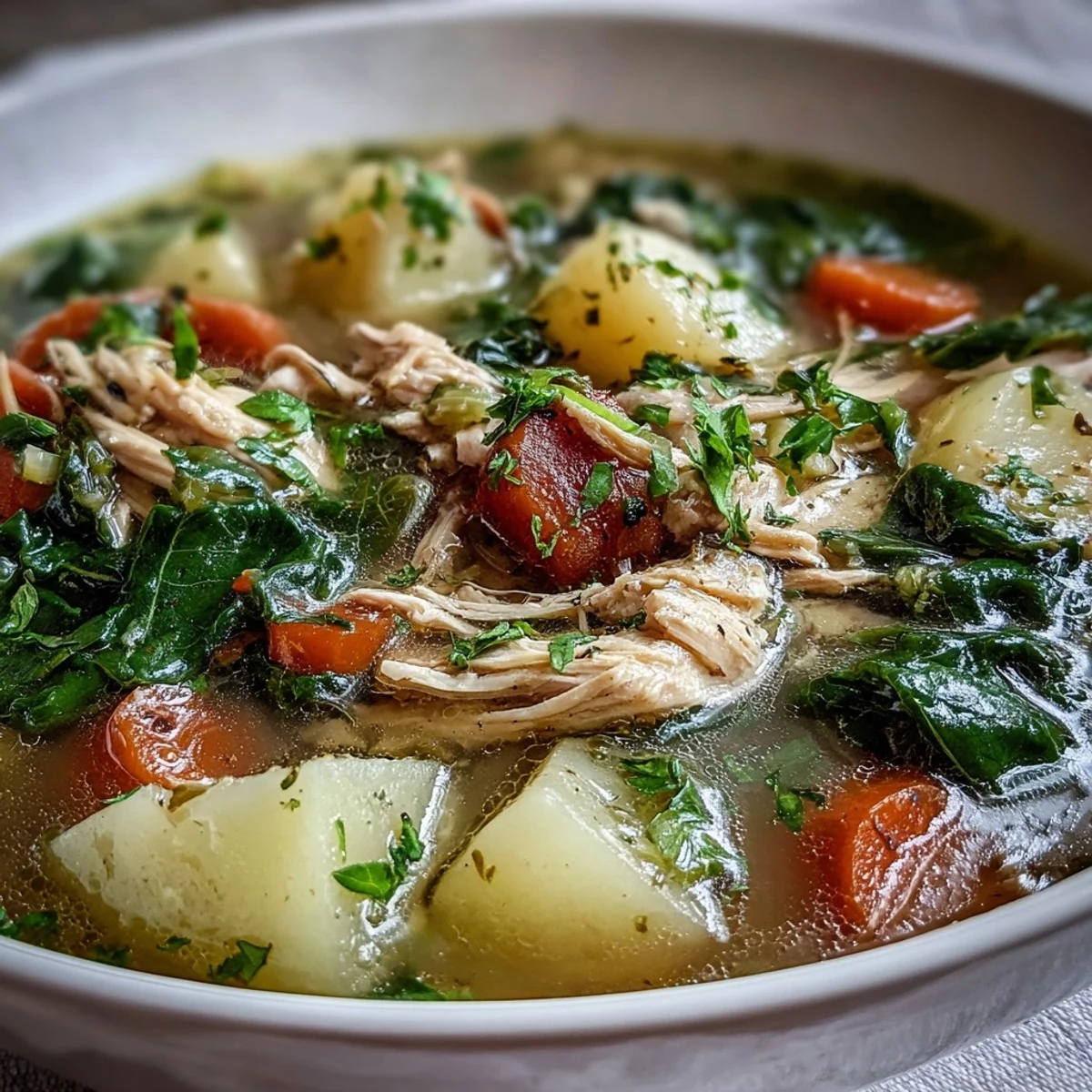 Wholesome collard greens chicken soup, showcasing soft potatoes and vibrant greens.