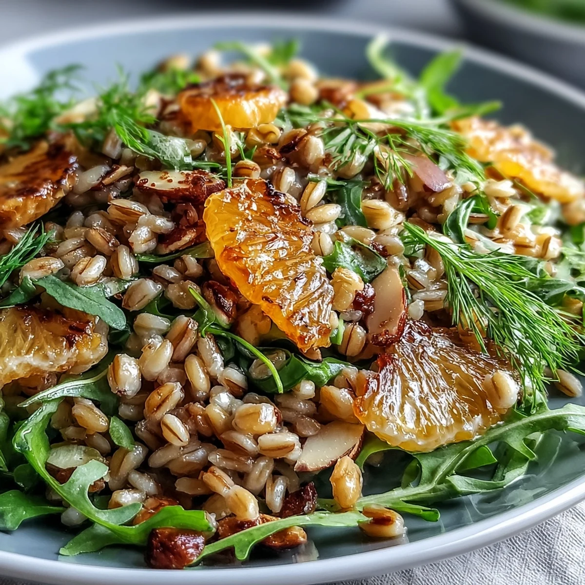 Vibrant Farro Salad With Fennel, Oranges, and Almonds, a refreshing, healthy dish.