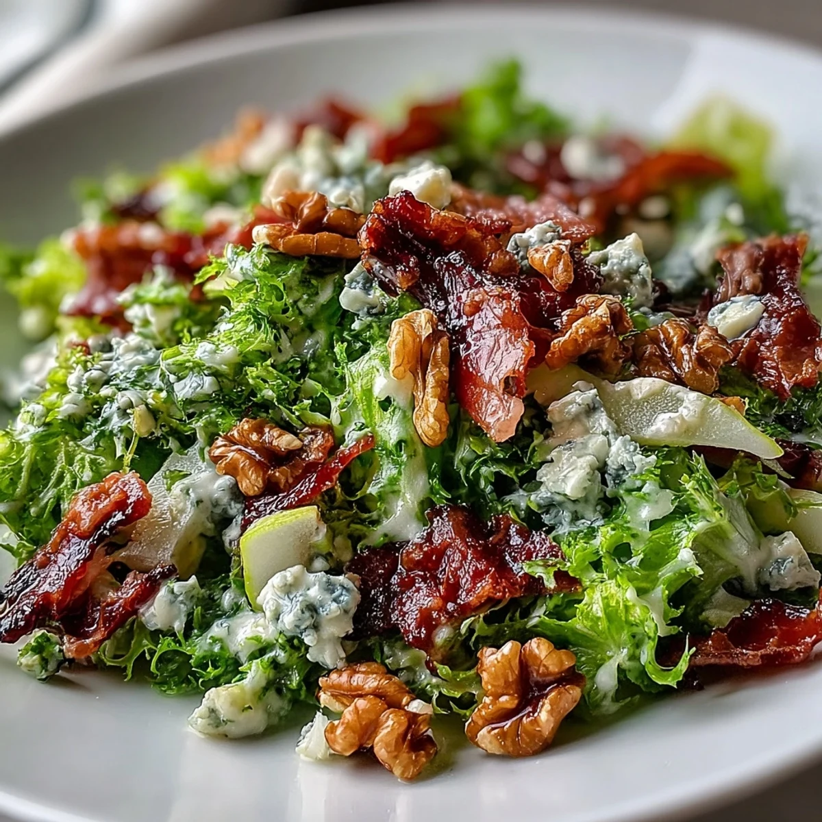A close-up of Frisée, Pear, Blue Cheese, and Crispy Prosciutto Salad, showcasing golden prosciutto shards, juicy pear slices, and creamy cheese crumbles on a bed of frisée.