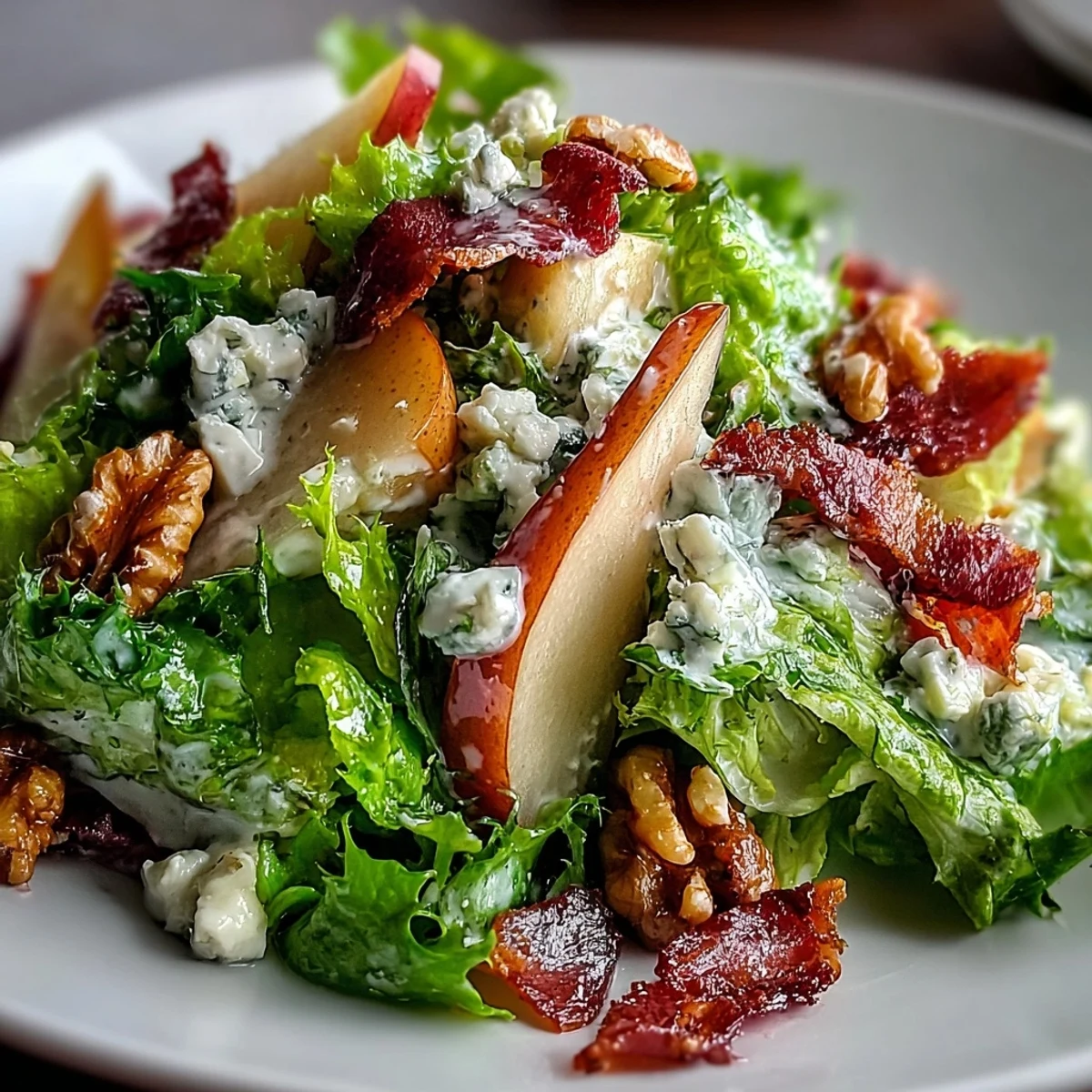 Bright and airy photo of Frisée, Pear, Blue Cheese, and Crispy Prosciutto Salad on a rustic board, highlighting glistening vinaigrette and elegant, light lunch plating.