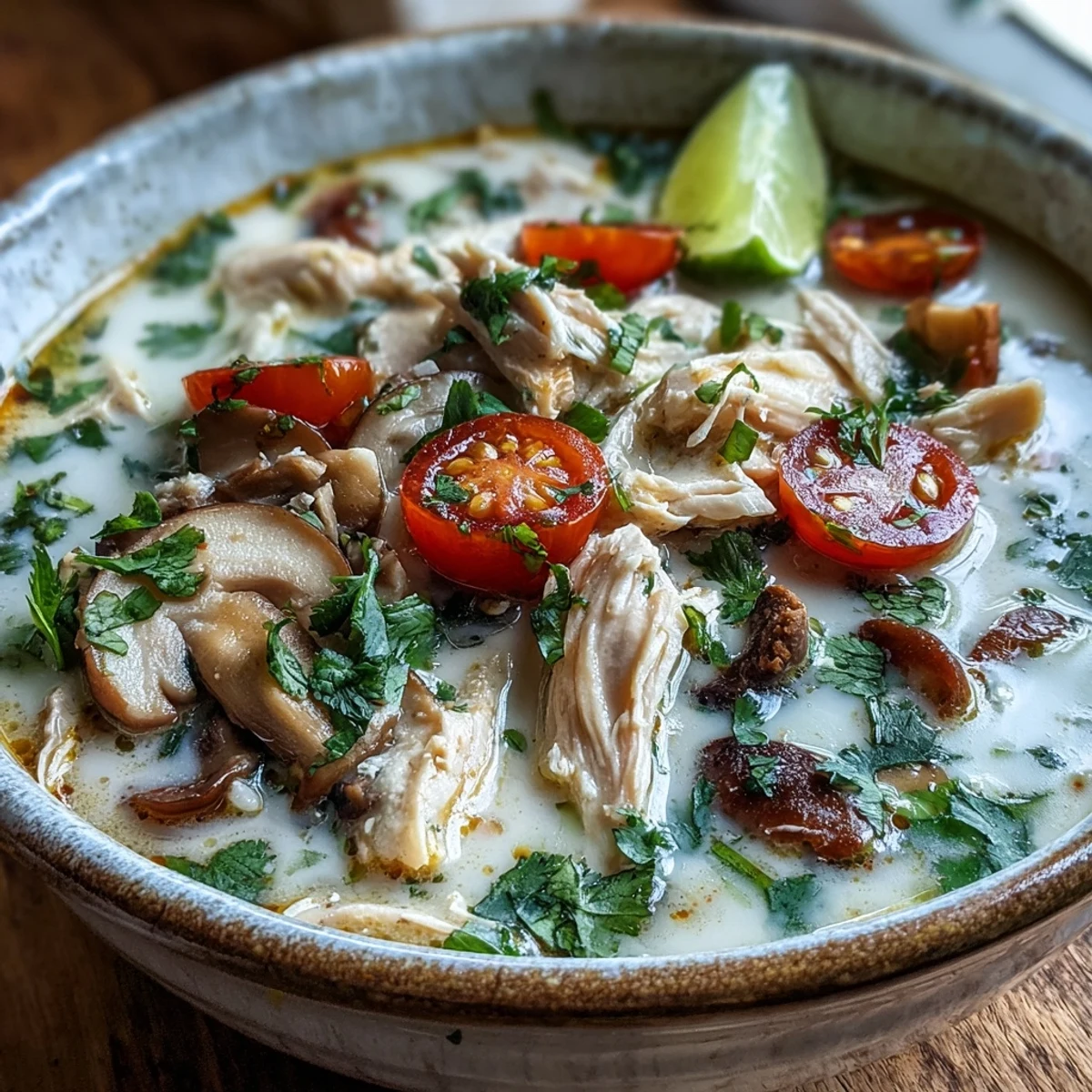 Close-up of Best Ever Tom Kha Gai Soup with sliced chicken and aromatic herbs.