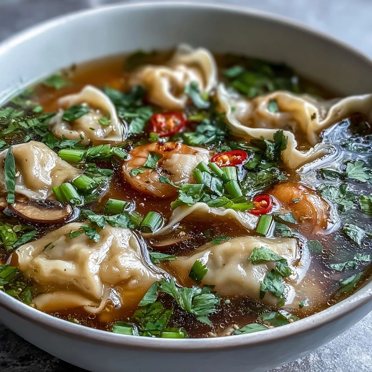 Steaming Tom Yum Wonton Soup with pork dumplings and bok choy in a spicy, tangy Thai broth.