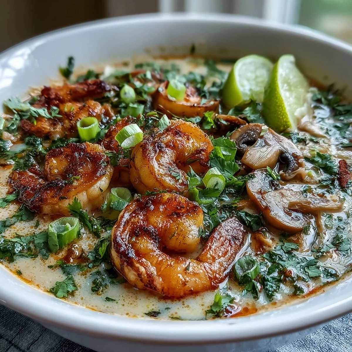 Spoonful of Thai Coconut Shrimp Soup lifted from the bowl, showing succulent shrimp, tender mushrooms, and fresh cilantro garnish over the coconut broth.