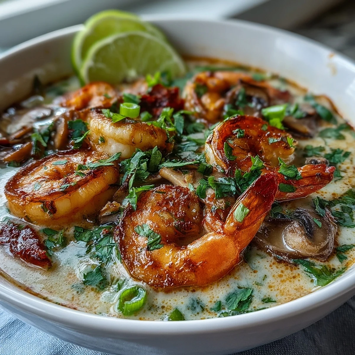 Thai Coconut Shrimp Soup simmering in a pot, with creamy coconut milk broth, red curry paste, shrimp, and sliced mushrooms, garnished with lime wedges.