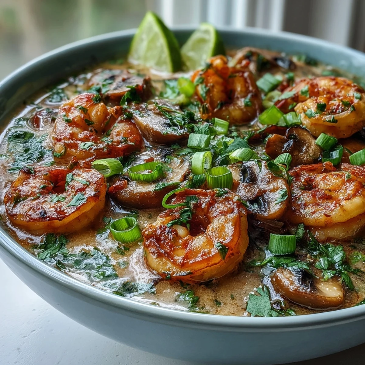 Thai Coconut Shrimp Soup served in a white bowl with jasmine rice on the side, lime wedges, cilantro, and sliced green onions on top.