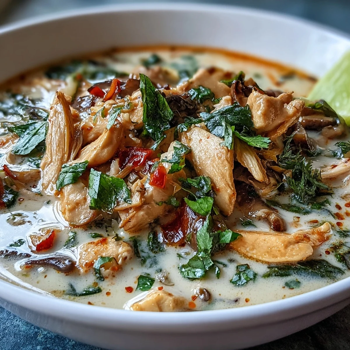 A steaming pot of Thai Chicken Coconut Curry Soup with tender chicken, red bell peppers, and vibrant green snow peas.