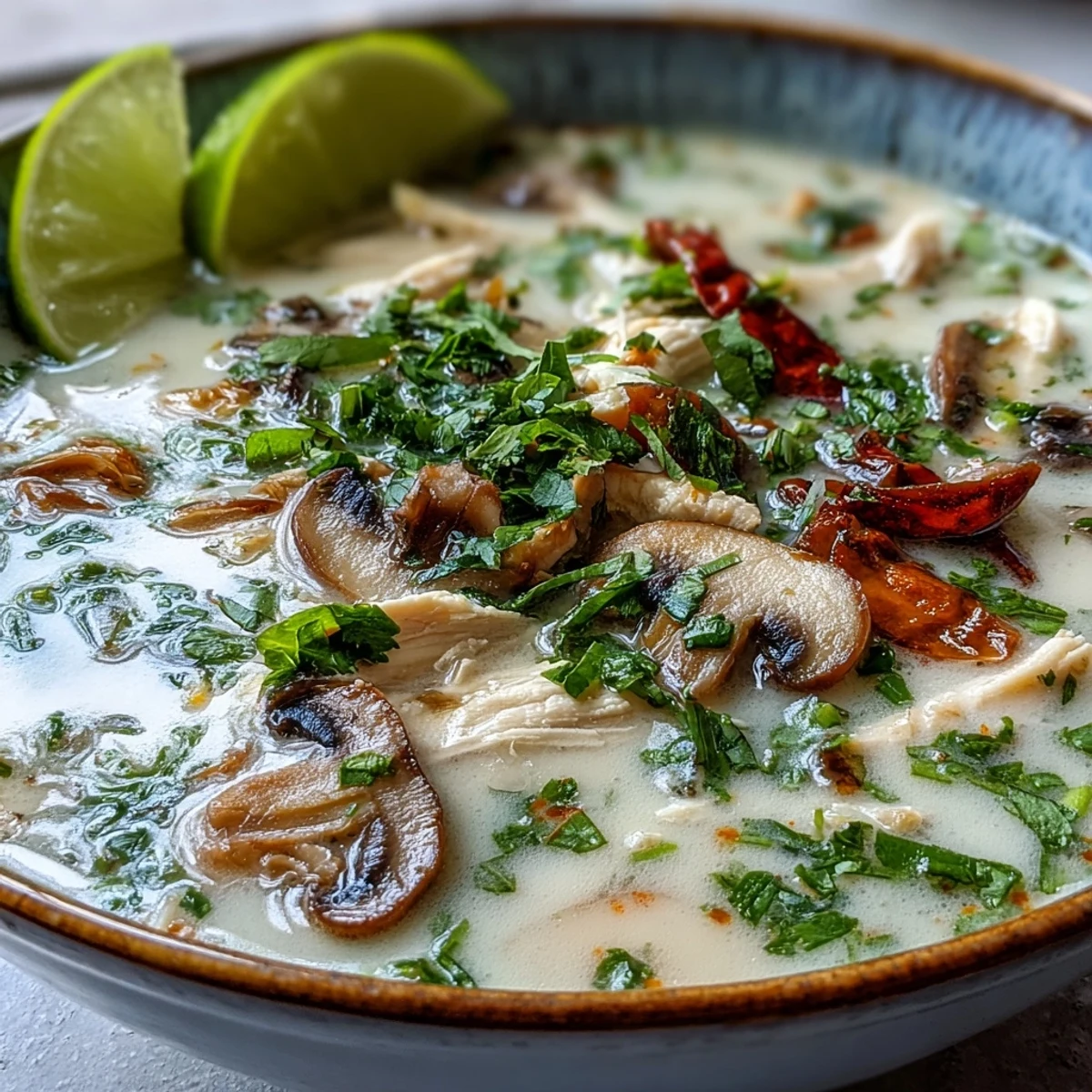 Steaming Authentic Tom Kha Gai in a rustic pot, revealing tender chicken pieces and sliced mushrooms swimming in creamy coconut milk with visible aromatics.