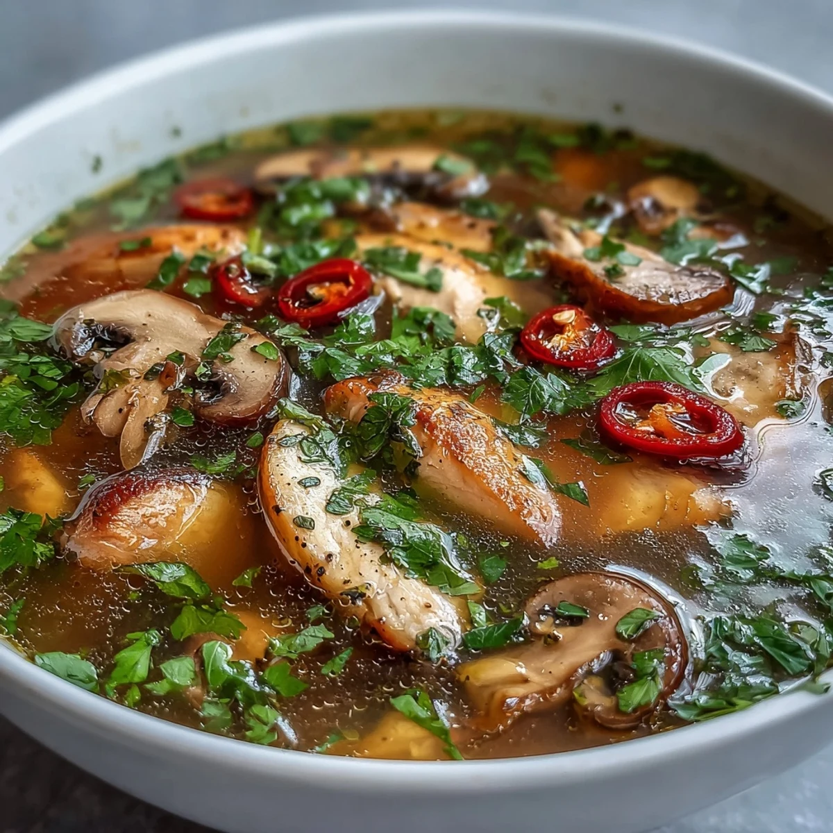 Spicy Tom Yum Gai served in a rustic bowl, garnished with fresh Thai chiles and cilantro, ready for a flavorful meal.