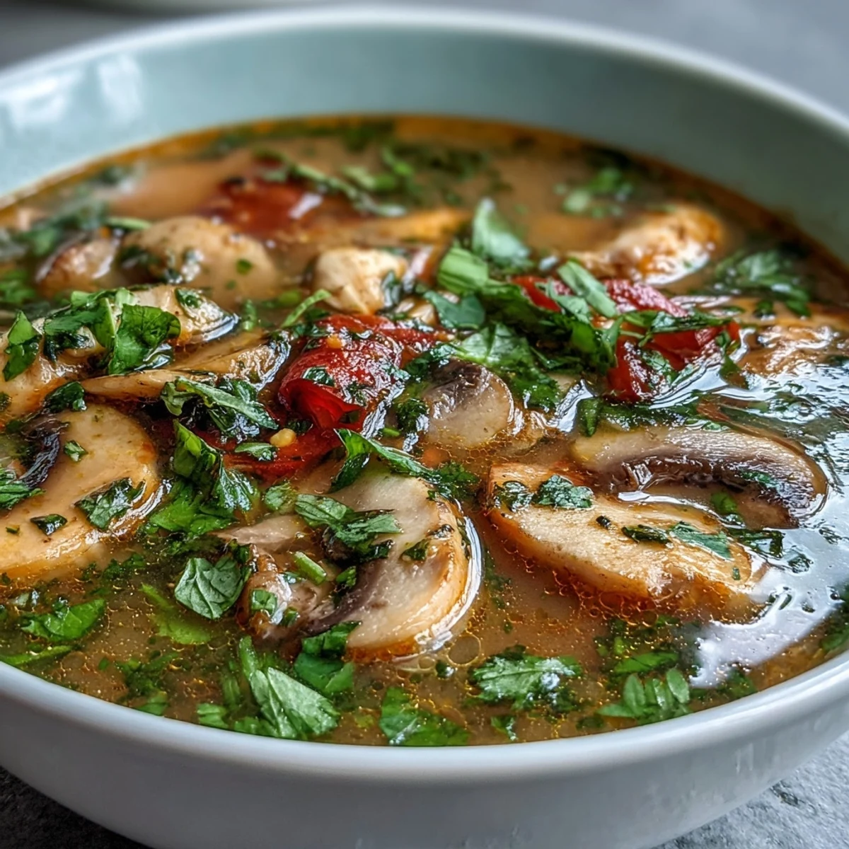 Close-up of vibrant Tom Yum Gai featuring juicy chicken slices, oyster mushrooms, and lime wedges beside a steaming aromatic Thai broth.