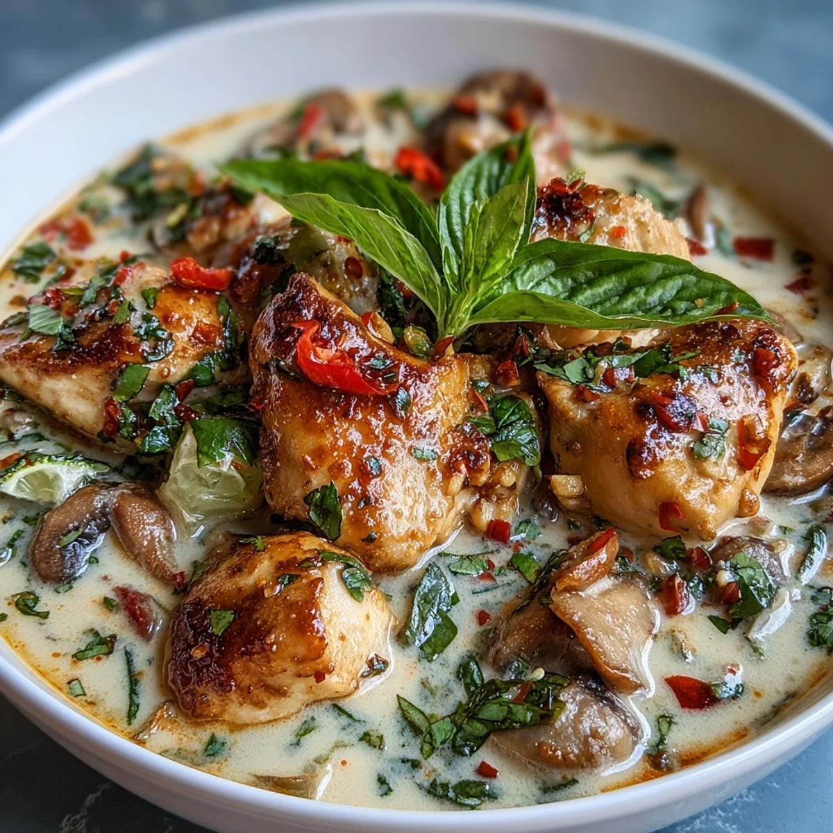 Thai Chicken Coconut Curry Soup served alongside fresh herbs and lime wedges, ready to be enjoyed hot for dinner.