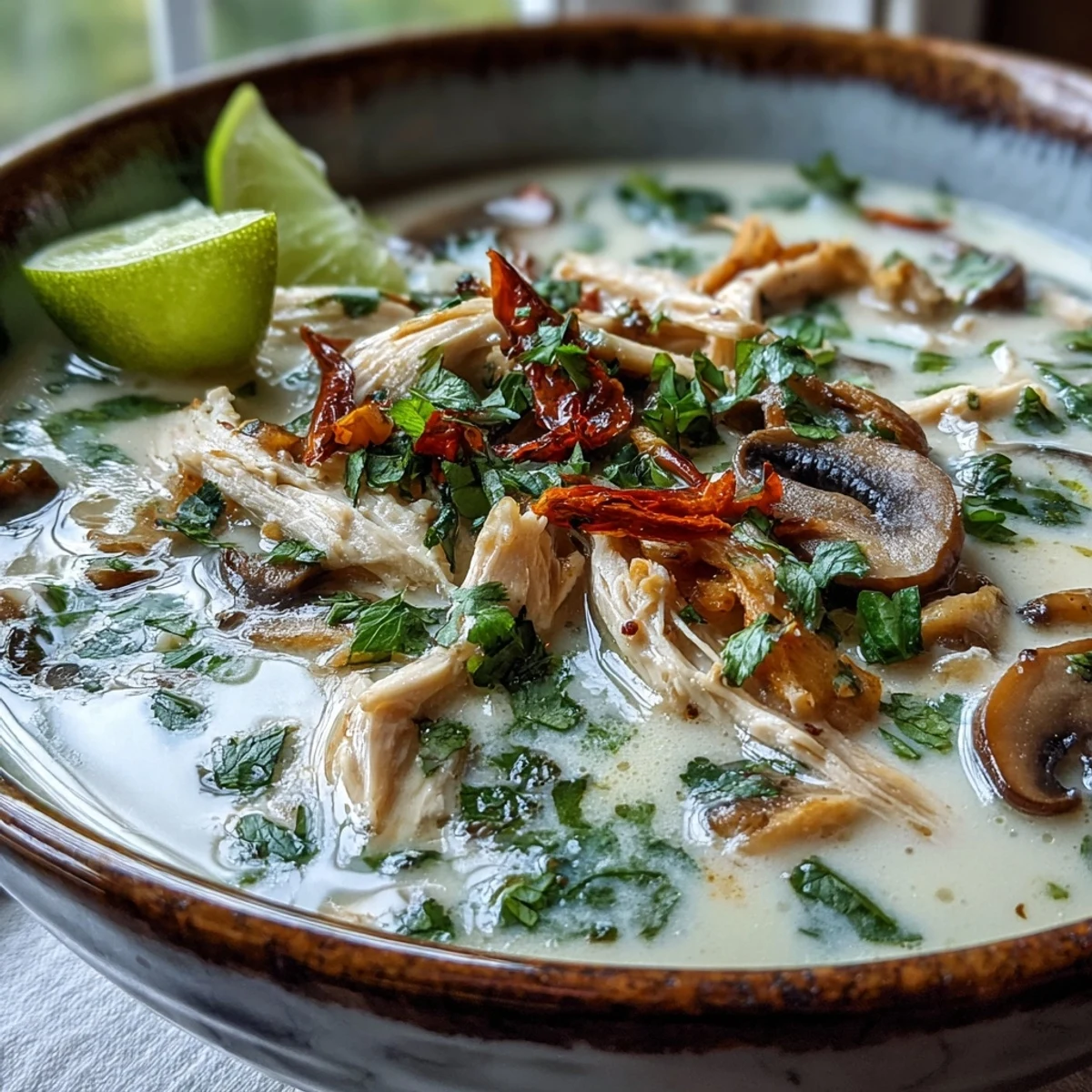 Authentic Tom Kha Gai soup served hot in a white bowl, garnished with fresh cilantro, sliced green onions, and a lime wedge for a bright, tangy finish.