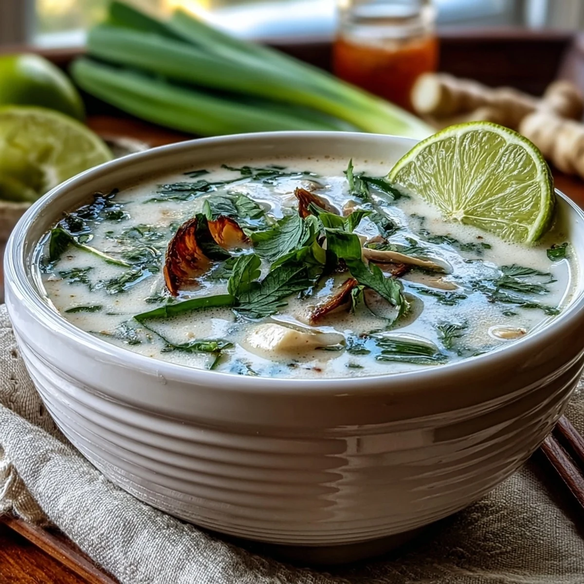 Serving suggestion for Tom Kha Soup, garnished with lime wedges and fresh cilantro leaves.