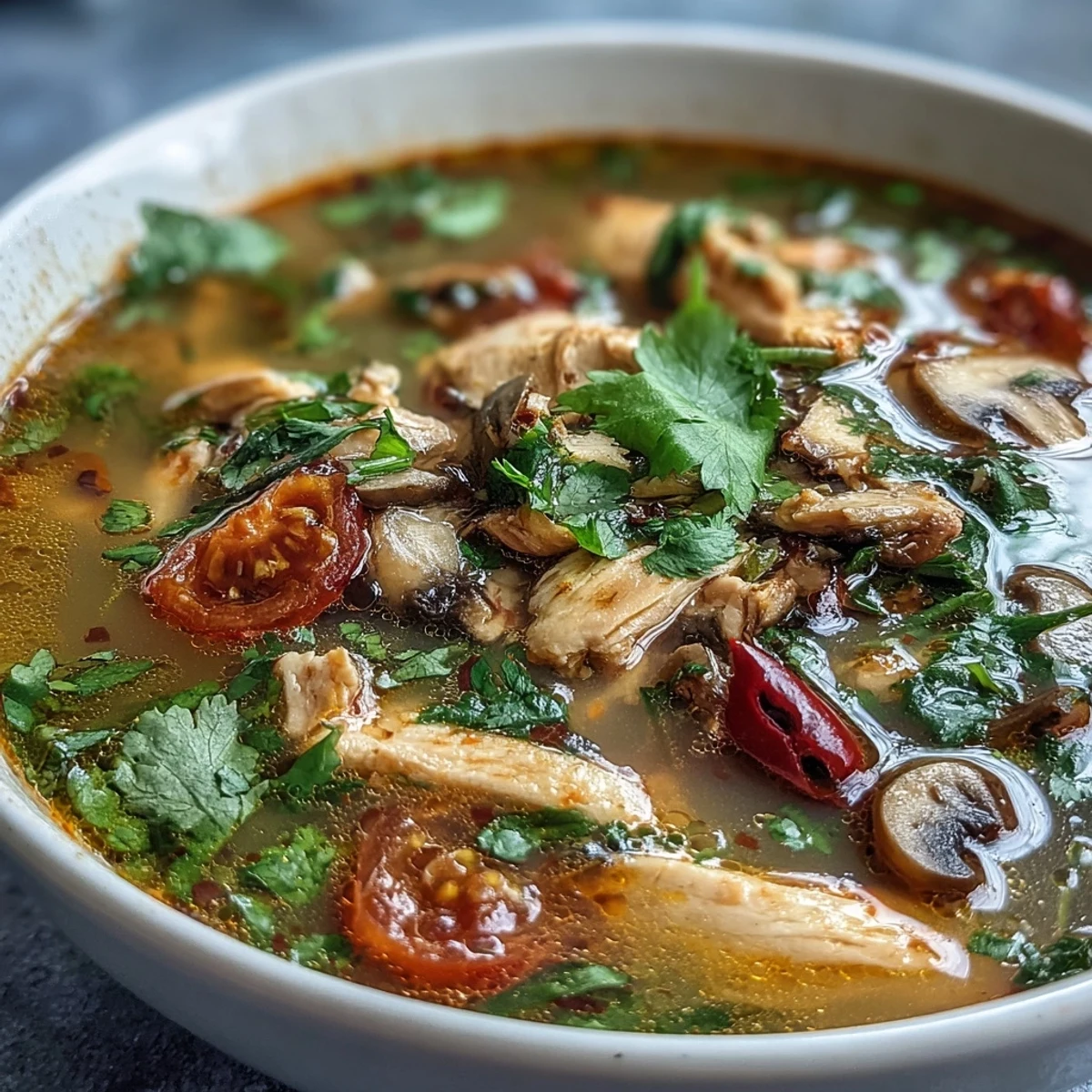 A bowl of steaming Tom Yum Gai soup with tender chicken, mushrooms, and tomatoes in a spicy-sour broth garnished with fresh cilantro.