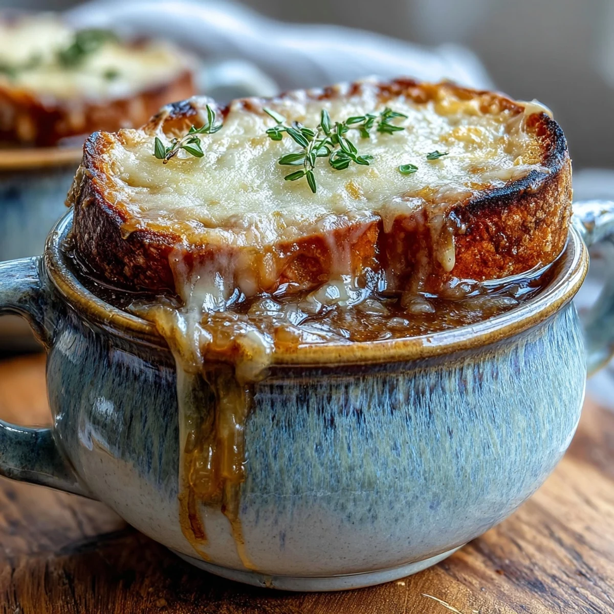 Steaming French Onion Soup in an oven-safe bowl with crusty bread and melted Gruyère cheese.