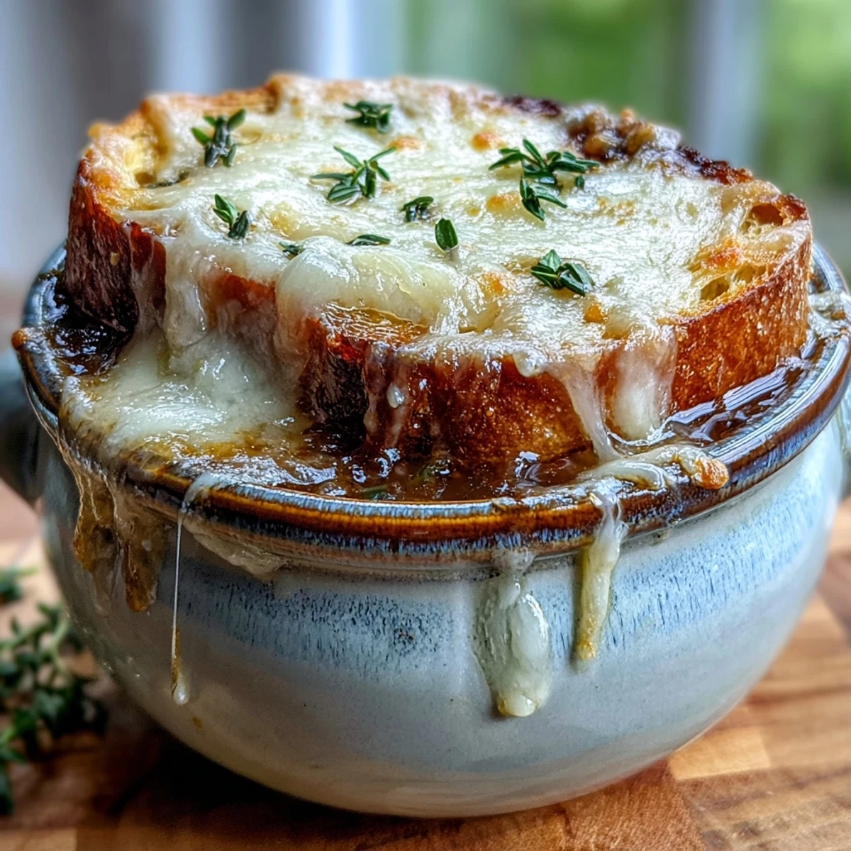 Golden-caramelized onions bubbling under a thick layer of gooey, browned Gruyère cheese topping.