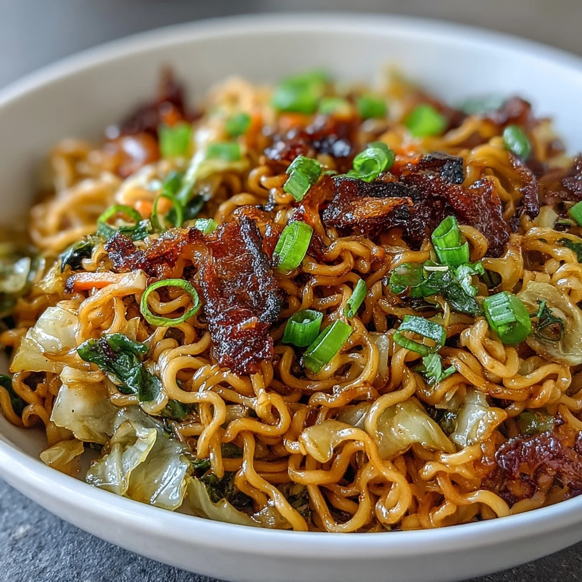 A close-up of Fried Cabbage Ramen, featuring chewy noodles and crunchy cabbage with charred edges in a glossy, savory sauce.