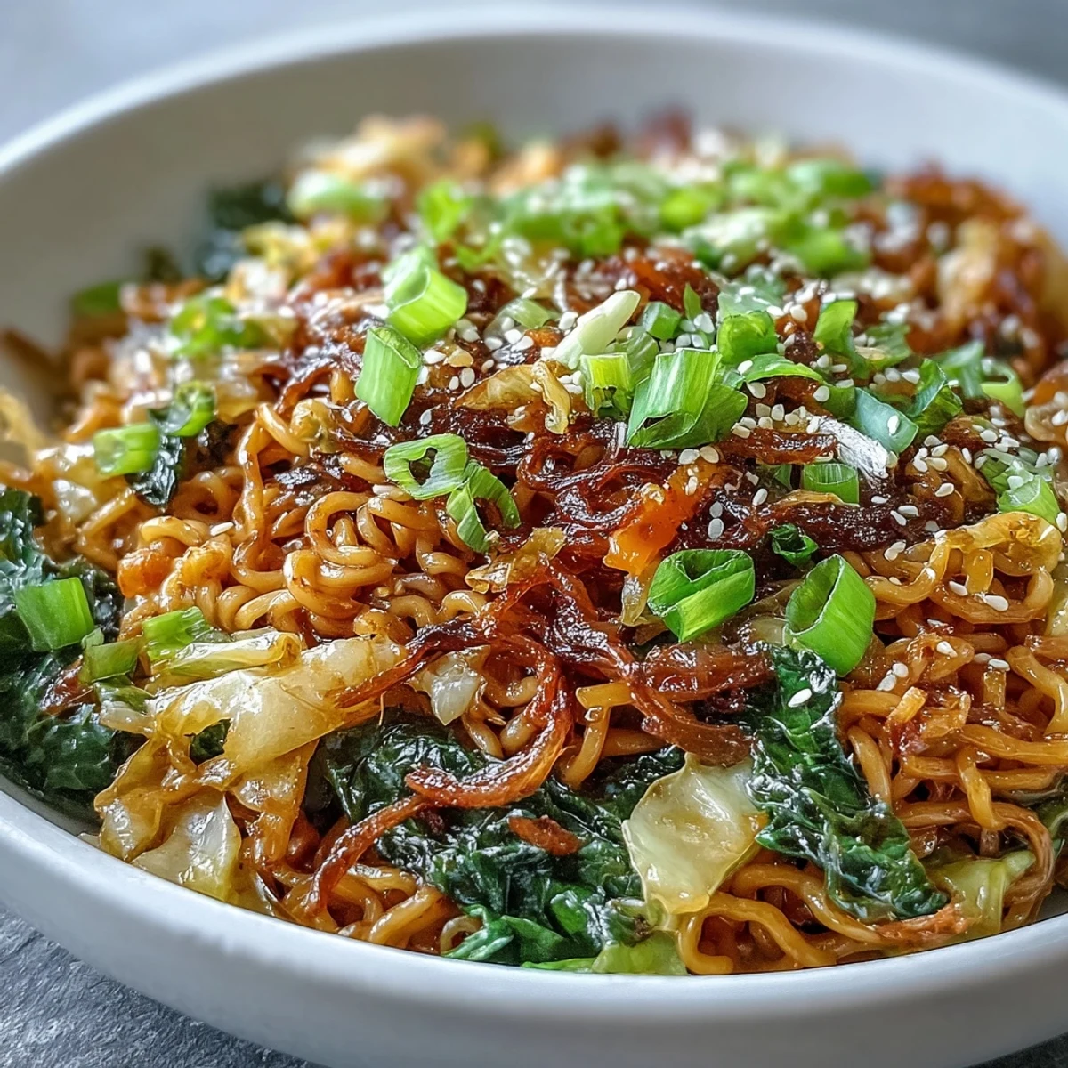 An overhead view of Fried Cabbage Ramen in a dark bowl, garnished with fresh scallion greens and a sprinkle of sesame seeds.
