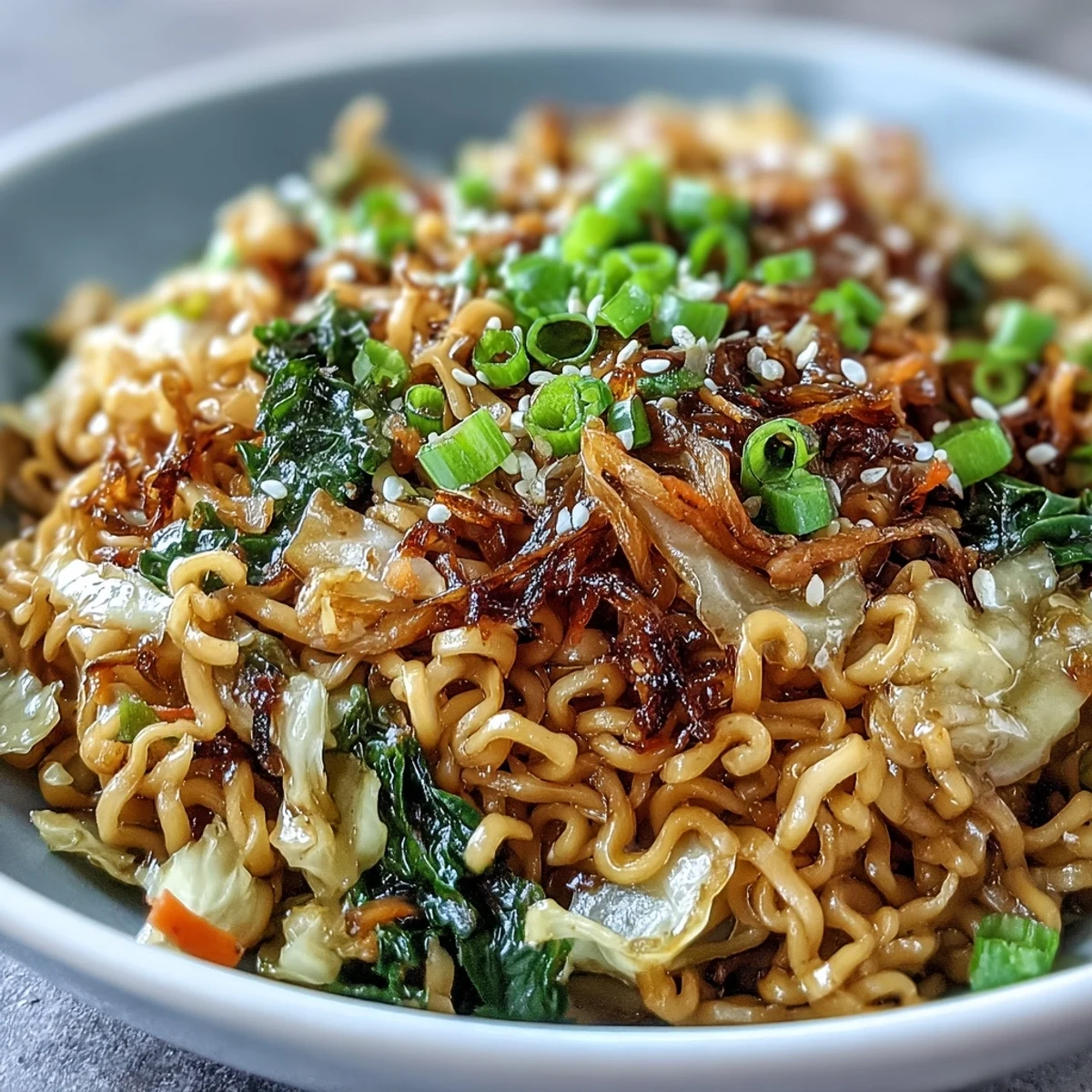 Freshly cooked Fried Cabbage Ramen in a wok, tossed with julienned carrots and scallions, ready to be served for dinner.