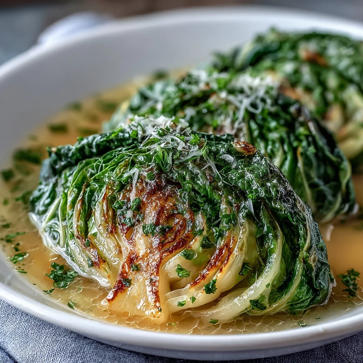 Tender cabbage wedges bathed in a creamy, savory Parmesan broth, garnished with fresh green herbs.