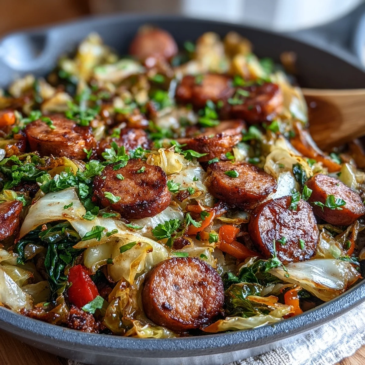 Smothered Cabbage with Sausage Skillet with smoky browned sausage and tender sweet cabbage steaming in a rustic cast iron pan.