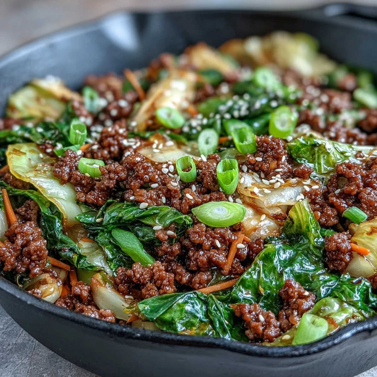 Sizzling wok presentation of Chinese Ground Beef and Cabbage Stir-Fry, garnished with scallions and ready for a low-carb dinner.