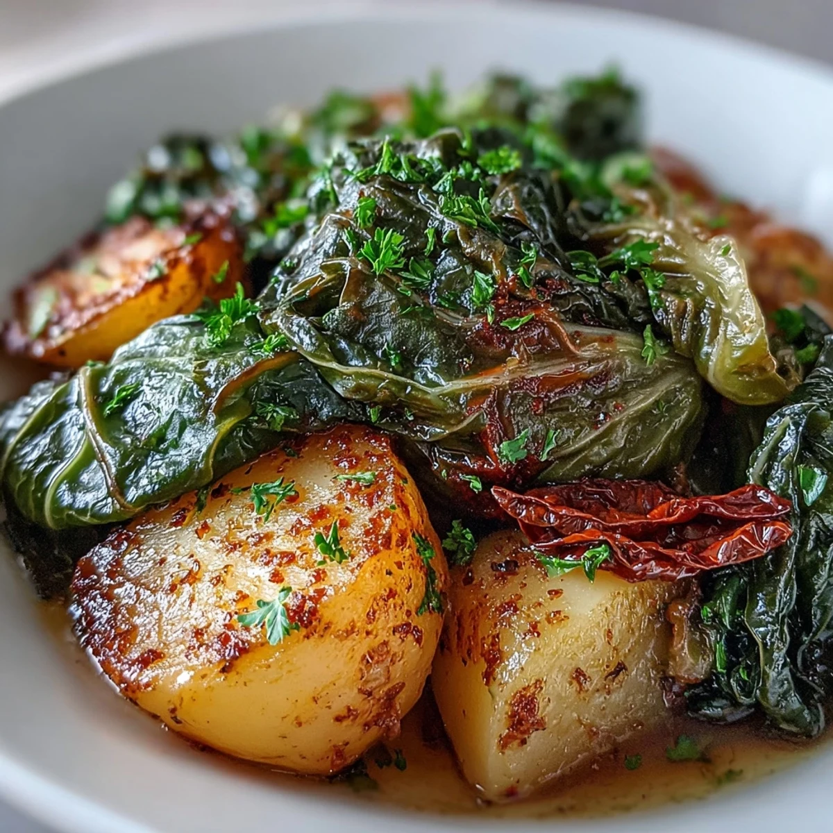 Braised Cabbage With Potatoes and Chili served hot from the pot, garnished with fresh parsley and lemon wedges for brightness.