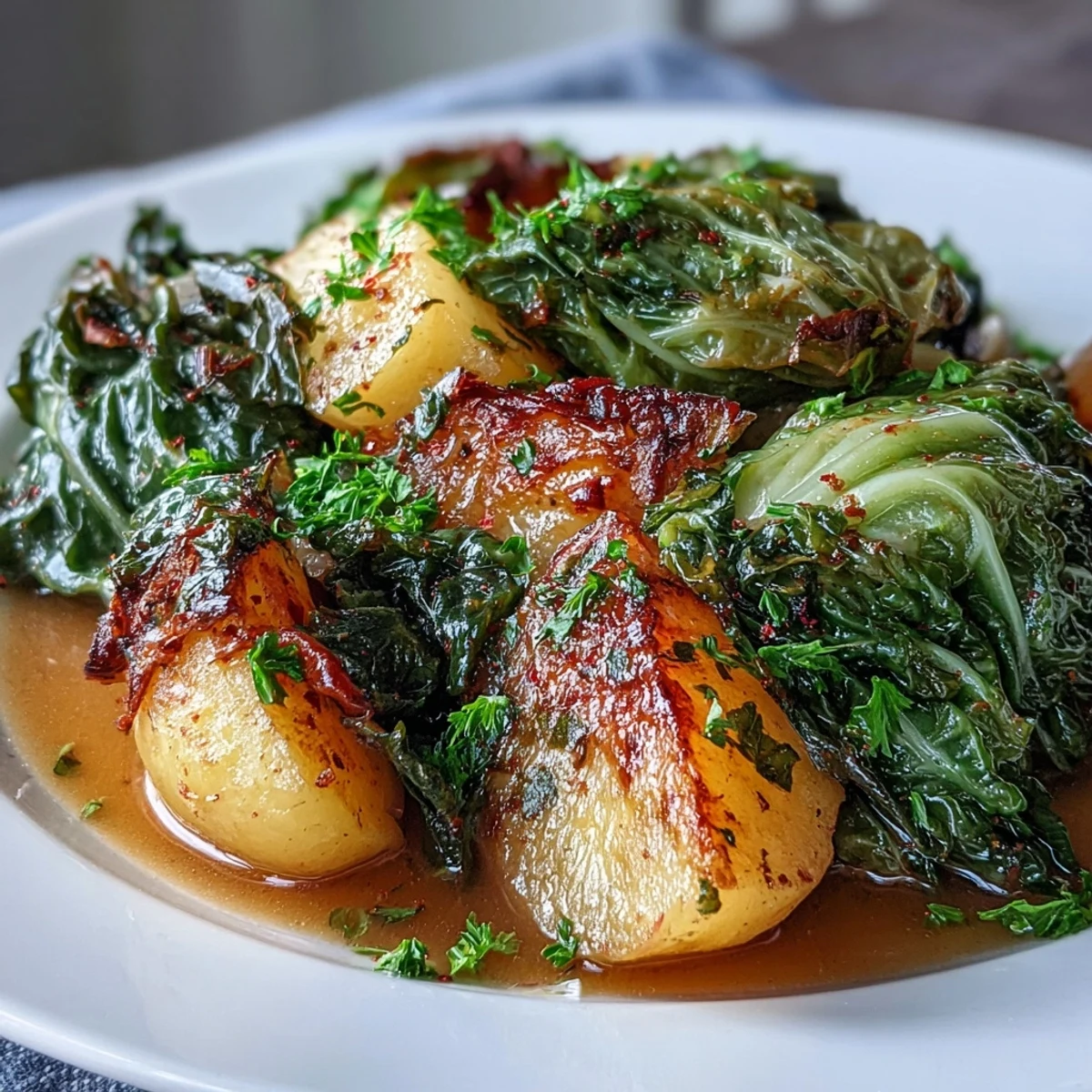 A generous bowl of Braised Cabbage With Potatoes and Chili paired with crusty bread for a cozy vegetarian meal.