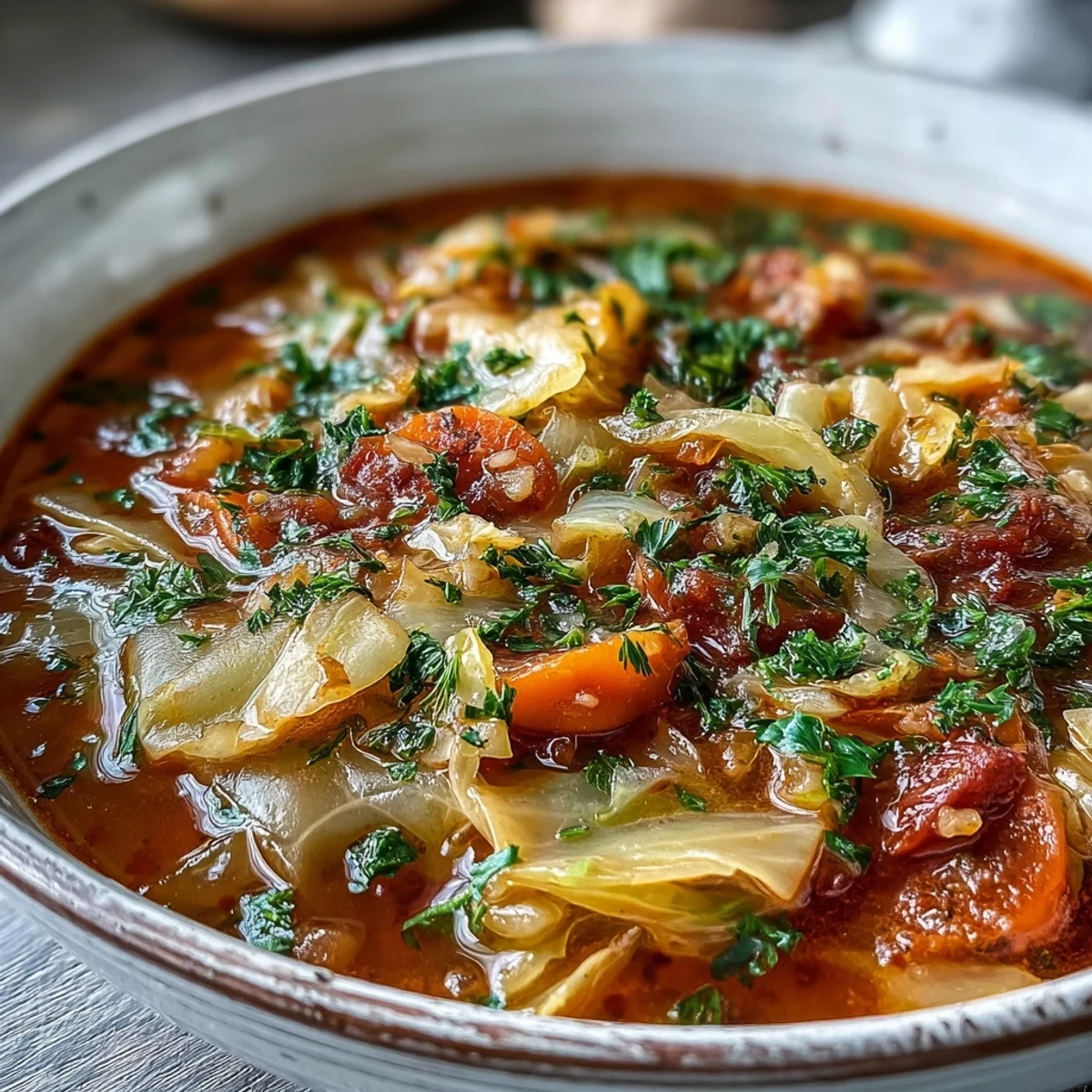 Steaming Classic Cabbage Soup in a rustic bowl, showing chopped carrots and celery in the savory broth.